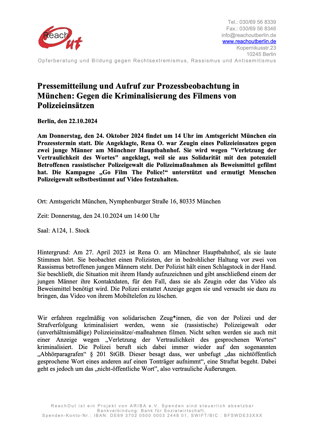Pressemitteilung und Aufruf zur Prozessbeobachtung in München