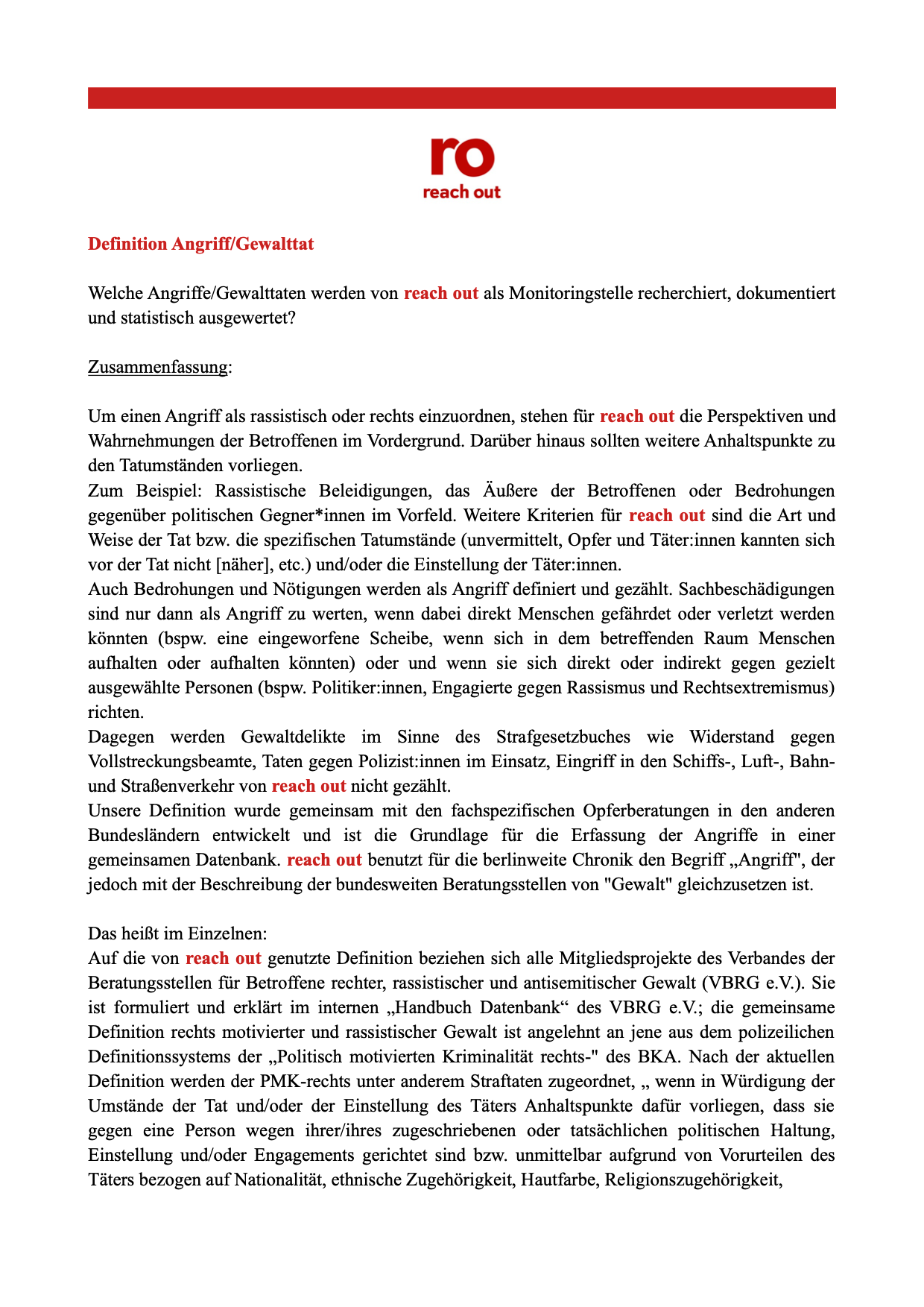 Erfassungskriterien reach out Monitoring